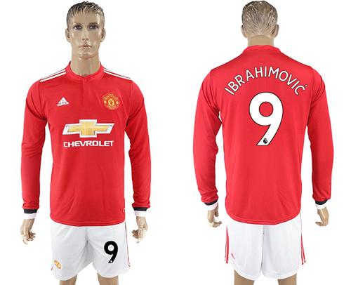 Manchester United #9 Ibrahimovic Red Home Long Sleeves Soccer Club Jersey